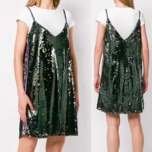 Green sequins Champion dress, V neckline spaghetti strap glitter sparkly dress